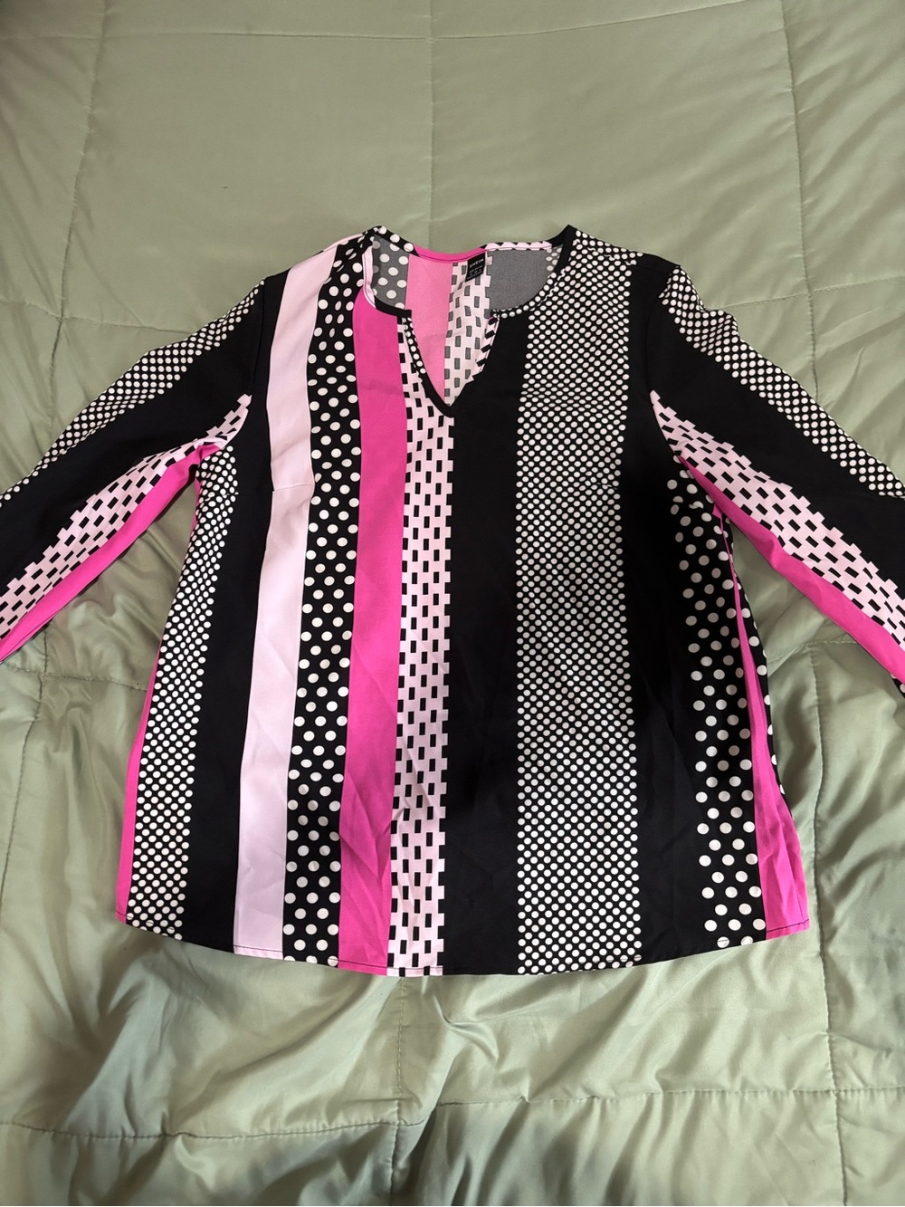 Women’s Pink & Black Striped Dot Print V-Neck Blouse